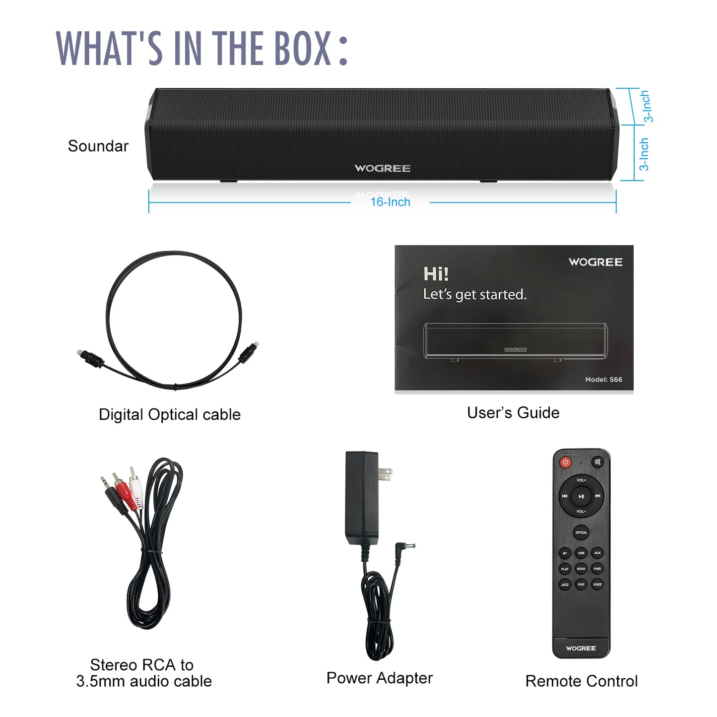 Wogree Mini Soundbar 16-Inch 50W with Bluetooth, Optical, AUX, USB Connection, Small Sound Bar Speakers System for TVs, Home Theater, Gaming, Projectors, PCs, Tablets, Phones