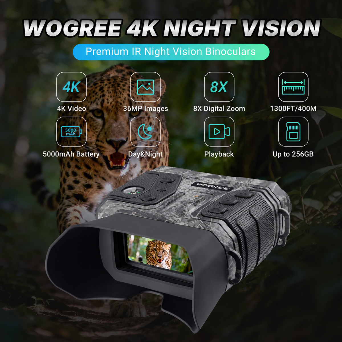 4K Night Vision Binoculars for Adults, 8X Digital Zoom, 1300FT Range