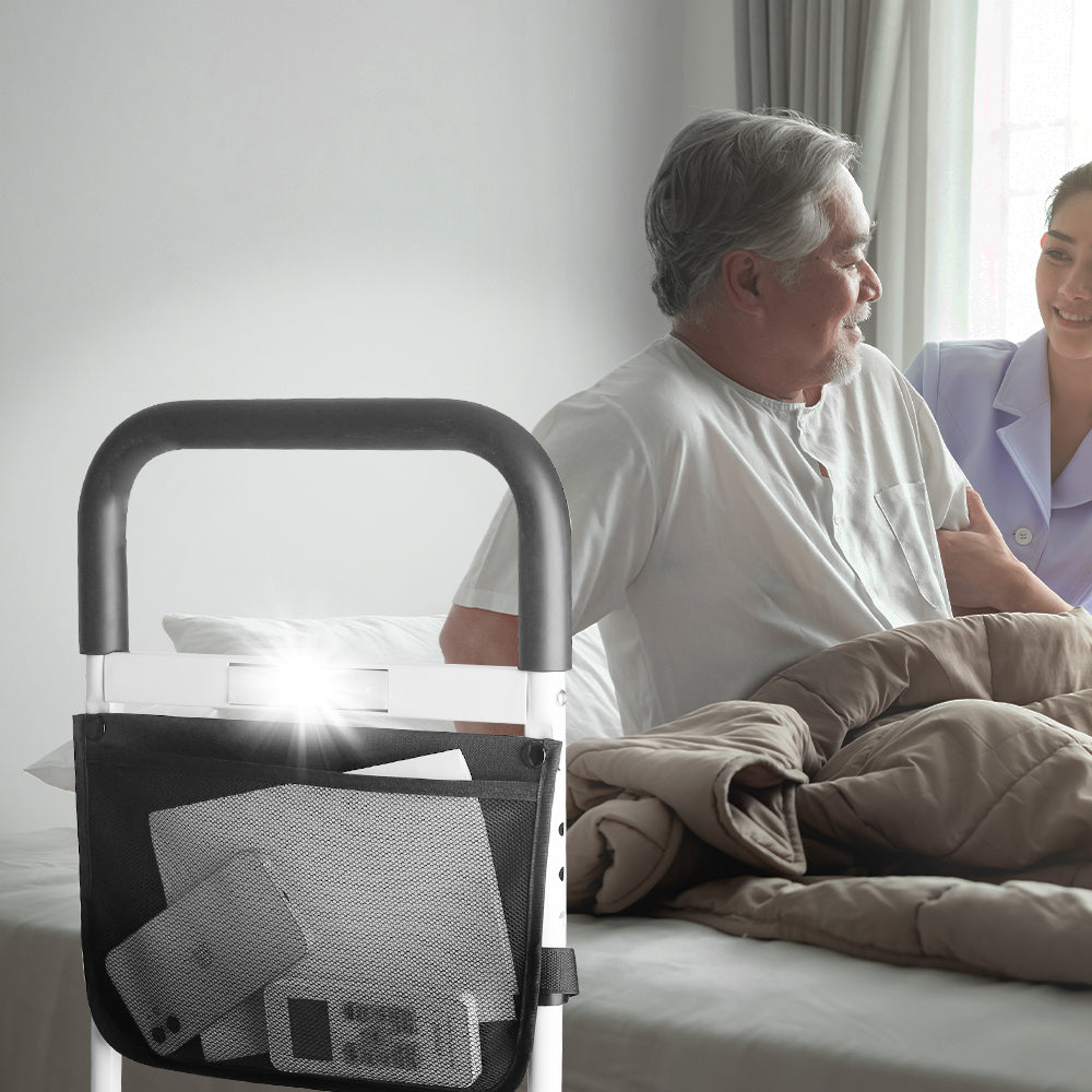 Bed Rails for Elderly Adults, Height Adjustable Bed Assist Rail for Seniors Bedside with Storage Pocket and LED Induction Light