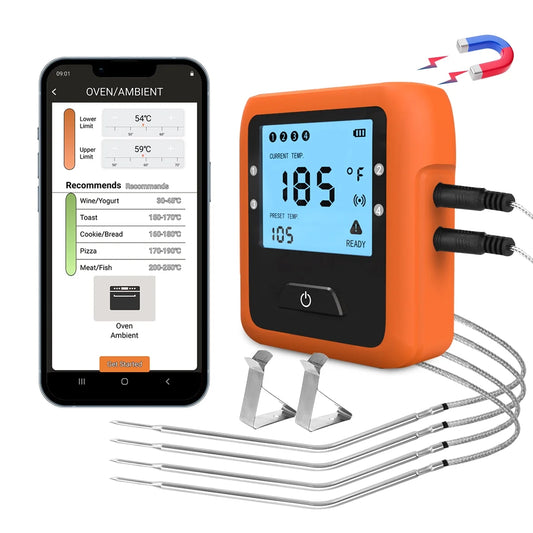 Bluetooth Grill Thermometer, 4 Probes, Preset Meat Modes, Timer, Alarm for Oven, Orange