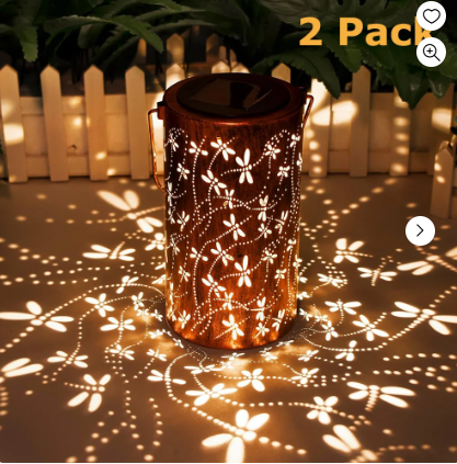 2 Pack Solar Lanterns Outdoor Hanging Lantern Lights, Dragonfly Hollowed-Out Metal Decor Lantern, Waterproof LED Decorative Garden Light - Delicate Garden Decoration for Patio, Yard, Pathway, Landscap