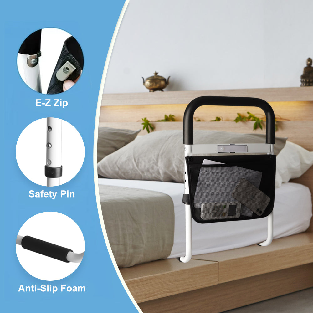 Bed Rails for Elderly Adults, Height Adjustable Bed Assist Rail for Seniors Bedside with Storage Pocket and LED Induction Light