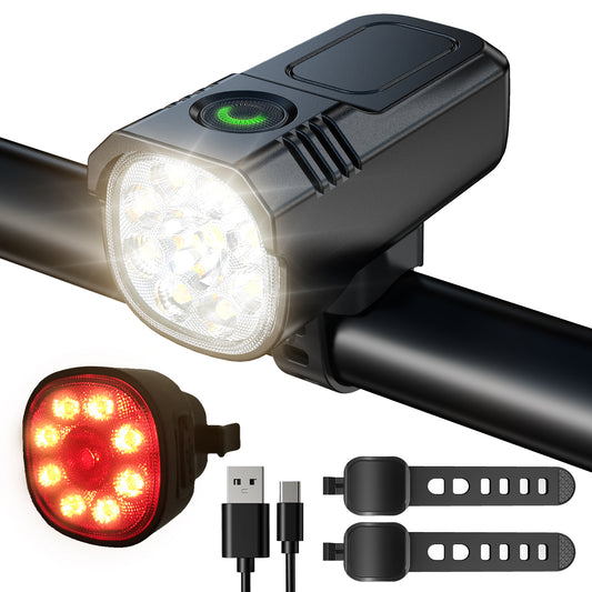 GEVSYUE Bike Light Set 1000LM USB-C, Waterproof, 8+7 Modes, Rechargeable for Night Riding