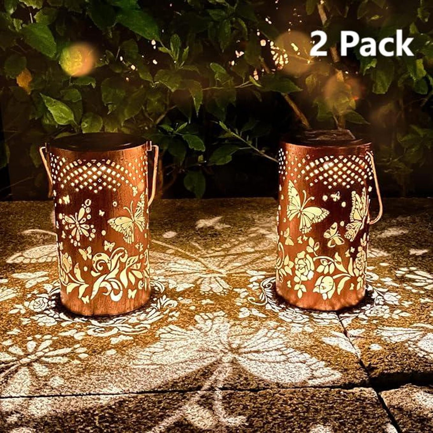 2 Pack Butterfly Solar Lanterns Outdoor Hanging Lantern Lights, Butterfly Hollowed-Out Metal Decor Lantern, Waterproof LED Decorative Garden Light - Delicate