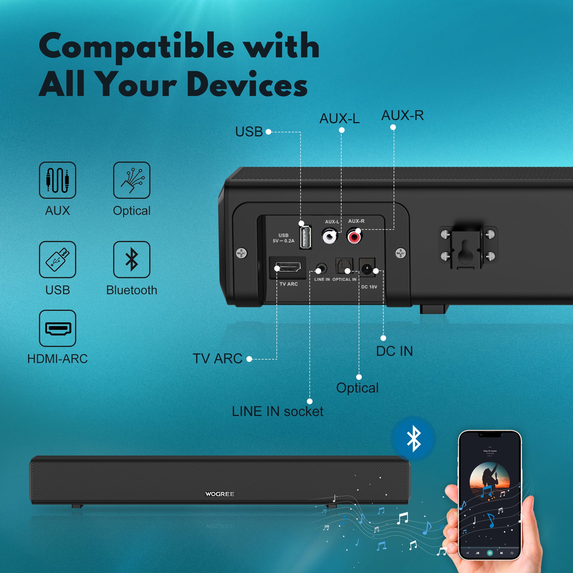  wogree Mini barra de sonido de 16 pulgadas 50 W con Bluetooth,  óptica, AUX, conexión USB, pequeños altavoces de barra de sonido envolvente  para televisores, cine en casa, juegos, proyectores, PC, 